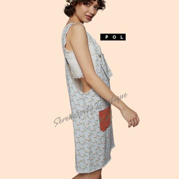 POL Farm Girl Chic Baggy Blue Floral Patchwork Pockets Denim Overall Shortalls - Picture 8 of 10